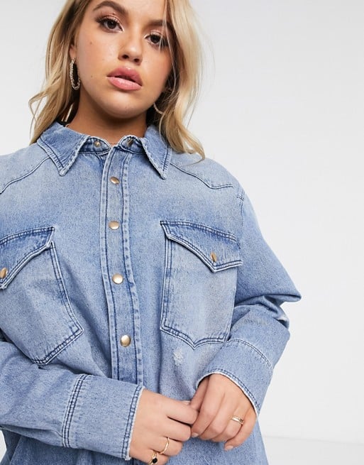 ASOS Design Curve Denim Oversized Shirt in Vintage Midwash Blue