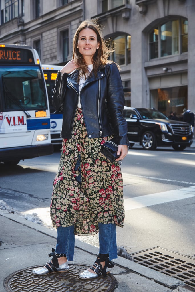 On Fashion Director Hannah Weil McKinley: Madewell jacket, Vintage tee, Reformation dress, Citizens of Humanity jeans, Chanel bag, and Miu Miu flats