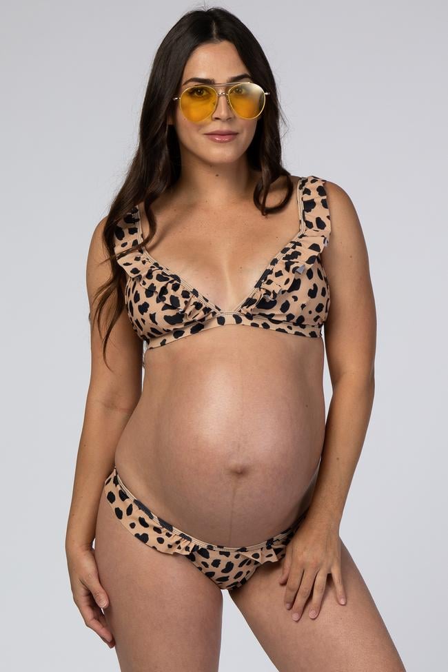 PinkBlush Taupe Animal Print Ruffle Maternity Bikini Set