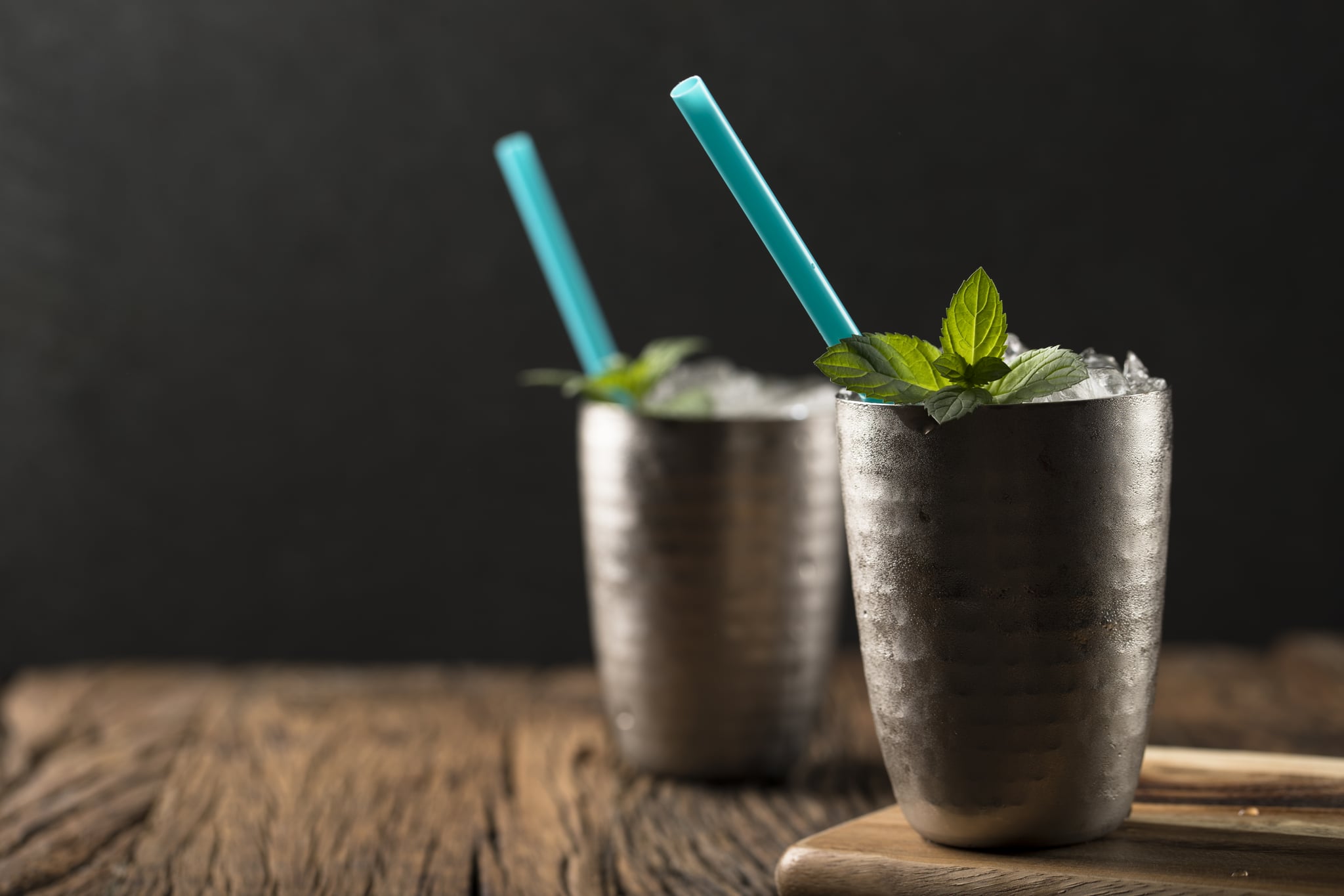 Moscow Mule with Vodka, ginger beer and lime in metal mug.