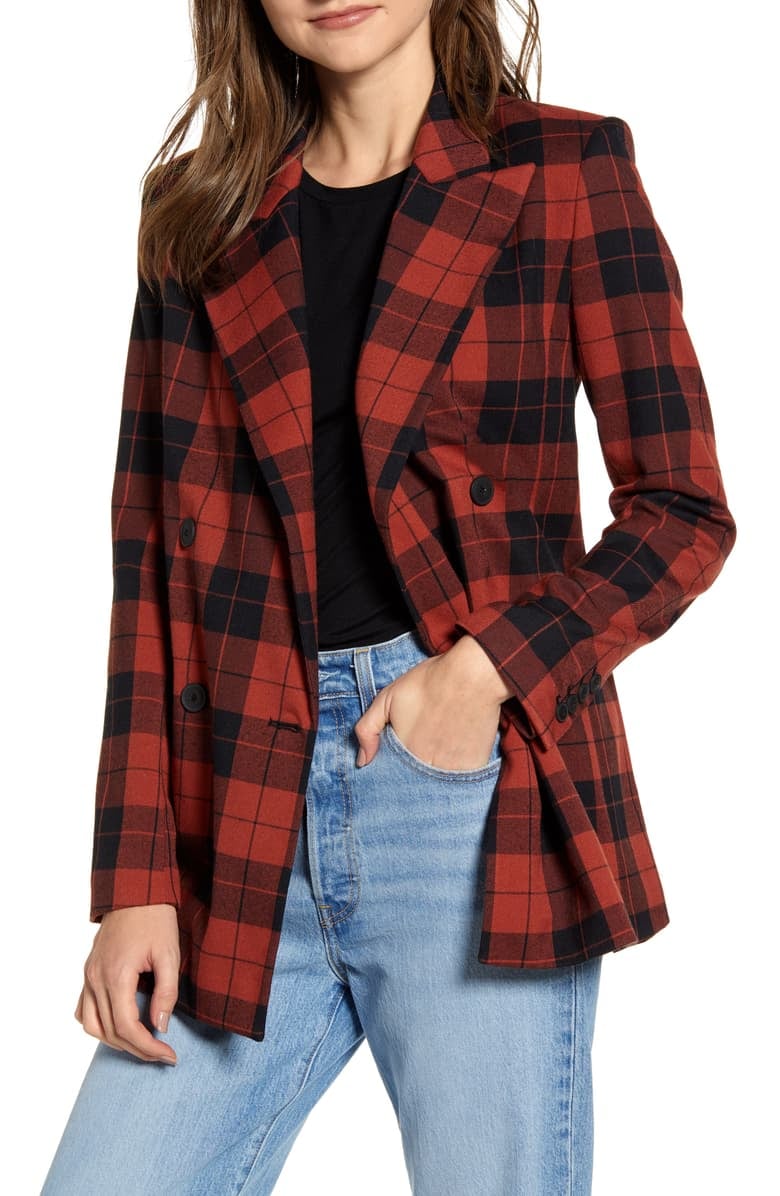 Chelsea28 Double Breasted Plaid Blazer