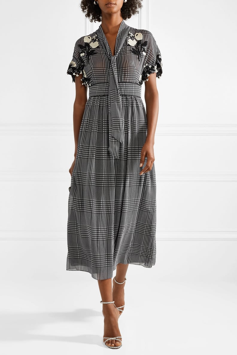 Lela Rose Pussy-Bow Embroidered Checked Silk Chiffon Dress