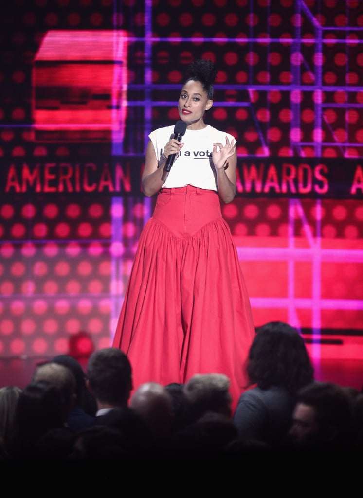 Tracee topped a dramatic Shanel Campbell skirt with a poignant message tee by When We All Vote in collaboration with X Karla.