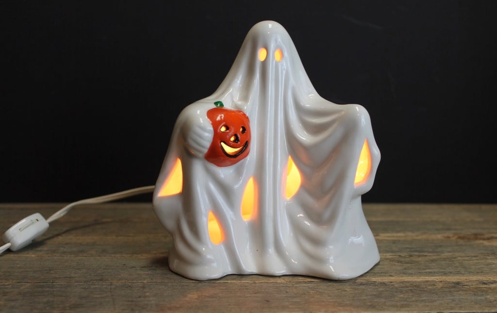 Vintage Lighted Ghost With Pumpkin Ceramic Halloween Decor