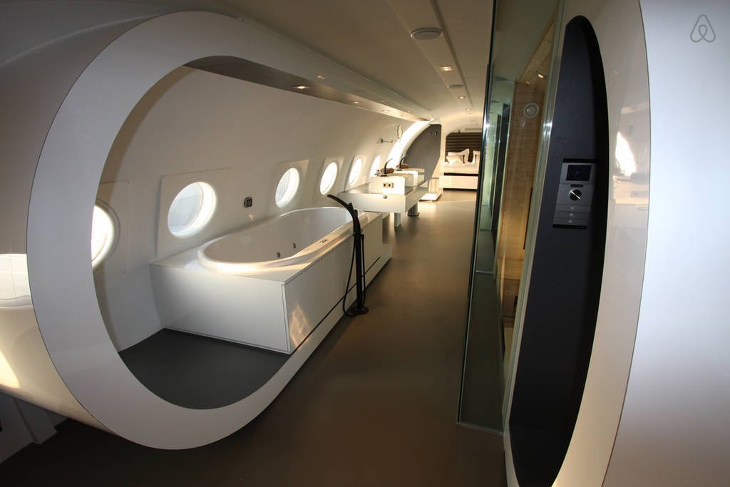 The interior of the plane was converted in to a hotel suite meant for two and is complete with a hot tub, infared sauna, minibar, and plenty of other high-tech amenities.