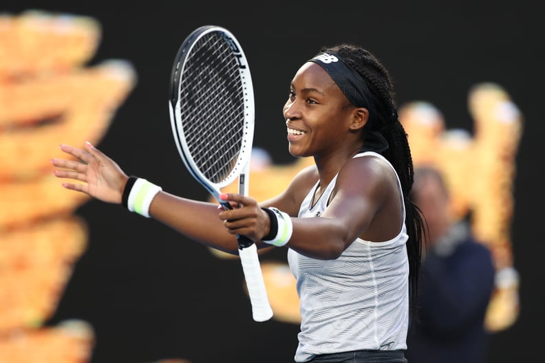 MELBOURNE, AUSTRALIA - JANUARY 24: Coco Gauff of the United States celebrates after winning her Women's Singles third round match against Naomi Osaka of Japan day five of the 2020 Australian Open at Melbourne Park on January 24, 2020 in Melbourne, Austral