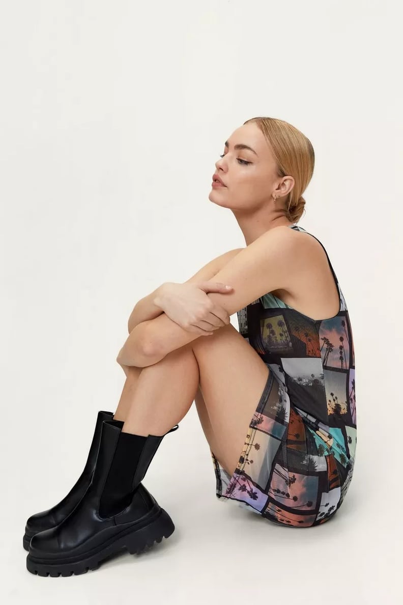 Spring Rave Outfit Idea: Nasty Gal Landscape Tile Print Mesh Racer Mini Dress