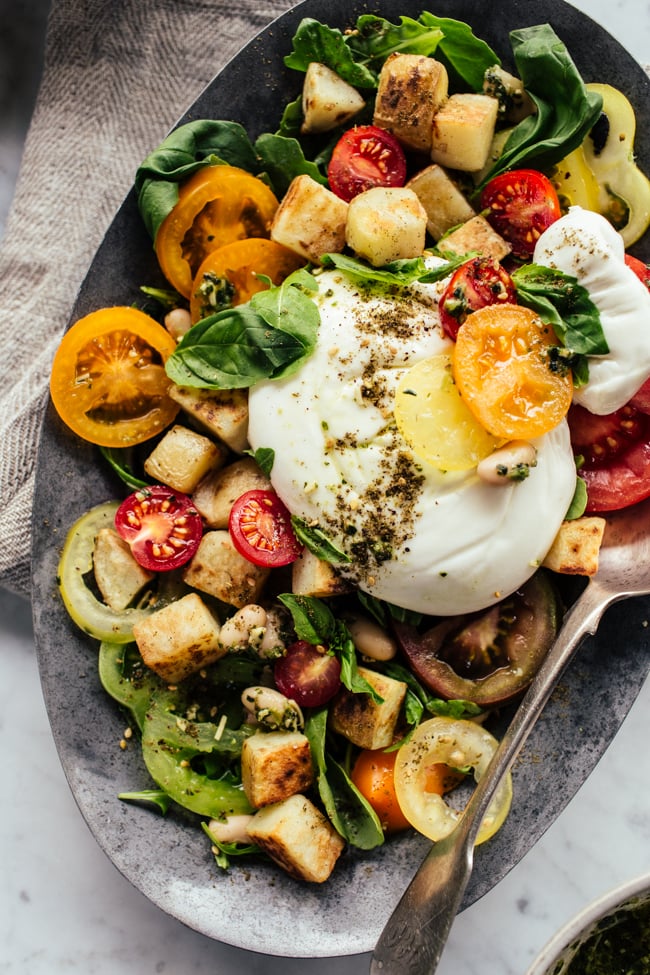 Crispy Potatoes with Pesto, Tomatoes & Burrata