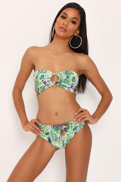 I Saw It First Green Snake Print Bandeau Bikini Top With Gold Ring Detail