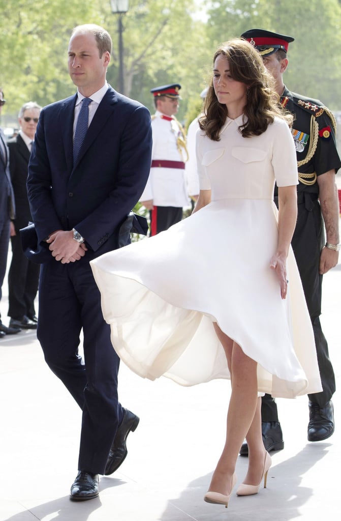 In April 2016, while arriving at a war memorial in India, Kate almost fell victim to a heavy gust of wind that blew up her Emilia Wickstead dress. The most Marilyn moment so far!