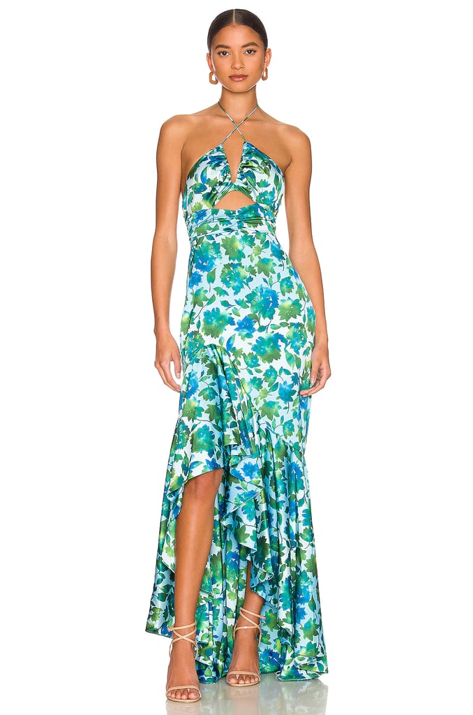 All-Over Floral: Amur Edie High-Low Tie-Neck Gown