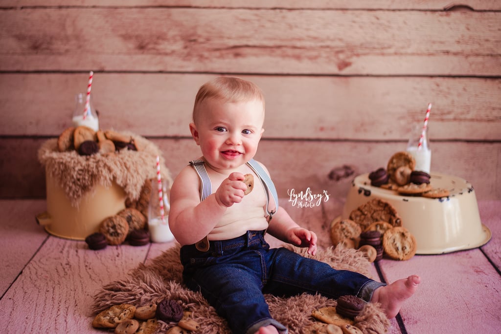 Photos of Baby Asleep During Milk and Cookies Birthday Shoot