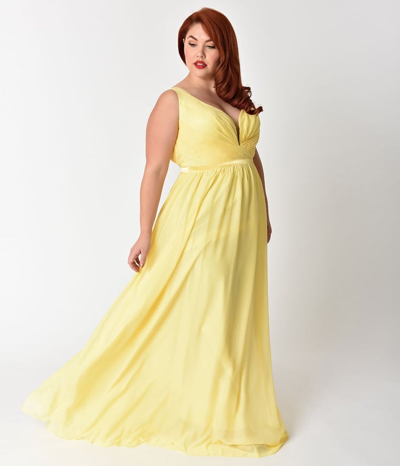 Curve Yellow Deep V-Neckline Sleeveless Chiffon Prom Gown