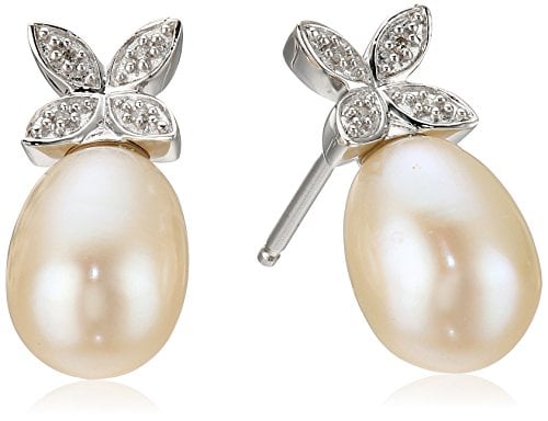 Freshwater Cultured Pearl With Diamond Leaf Stud Earrings