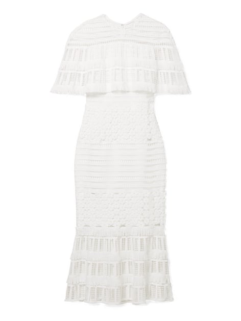 Lela Rose Fringed Crocheted Lace Midi Dress