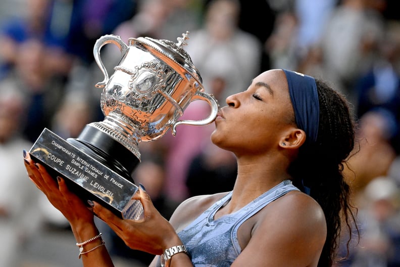 PARIS, FRANCE - JUNE 7: Coco Gauff of United States kisses the Coupe Suzanne Lenglen trophy after her victory over Aryna Sabalenka in the Women's Singles Final match on Day Fourteen of the 2025 French Open at Roland Garros on June 07, 2025 in Paris, Franc