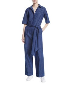 Loro Piana Button-Down Wide-Leg Denim Jumpsuit