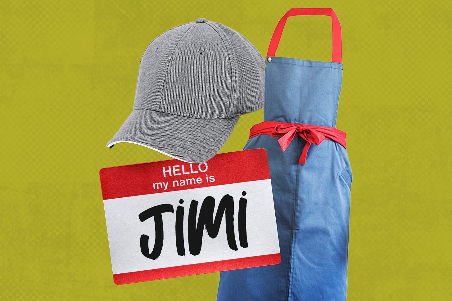 A collage of a mundane gray baseball cap and a plain blue apron with a nametag that reads 'Jimi' are the makings of this mundane halloween costume.