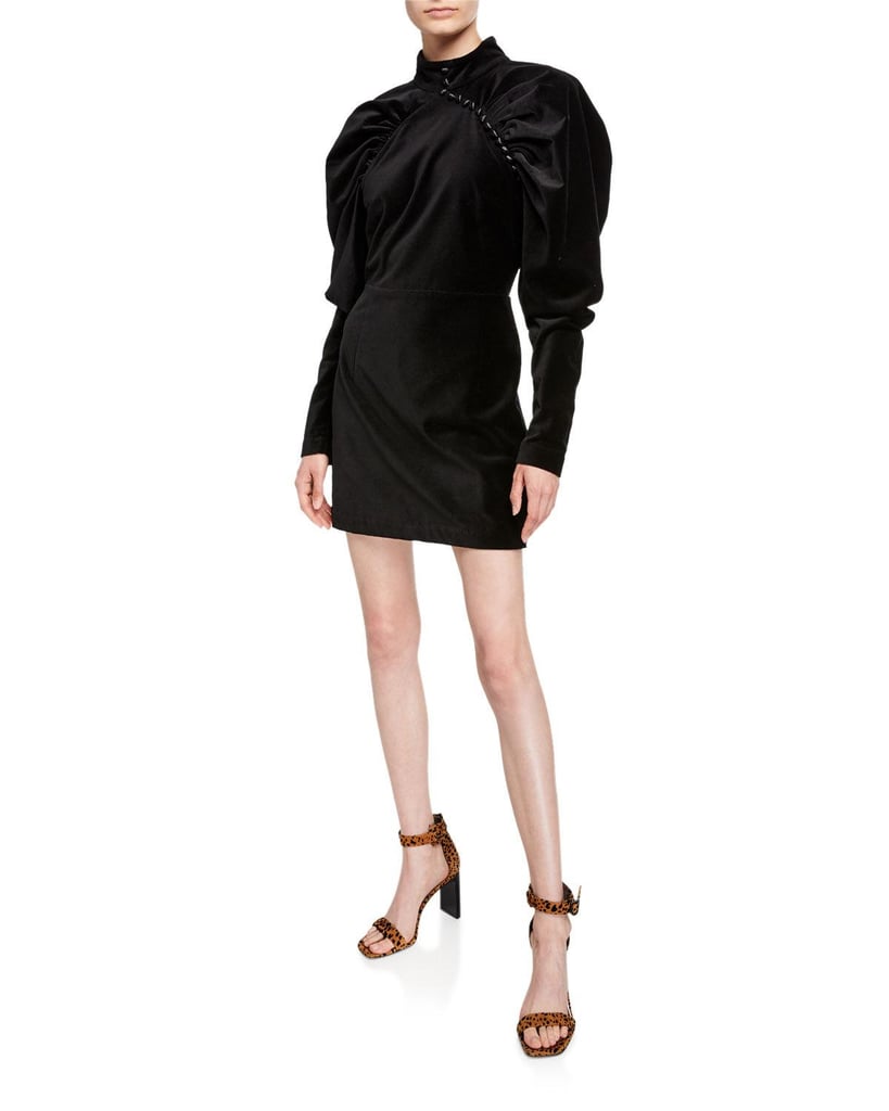 Rotate Birger Christensen Velvet Puff-Sleeve Mini Dress With Buttons