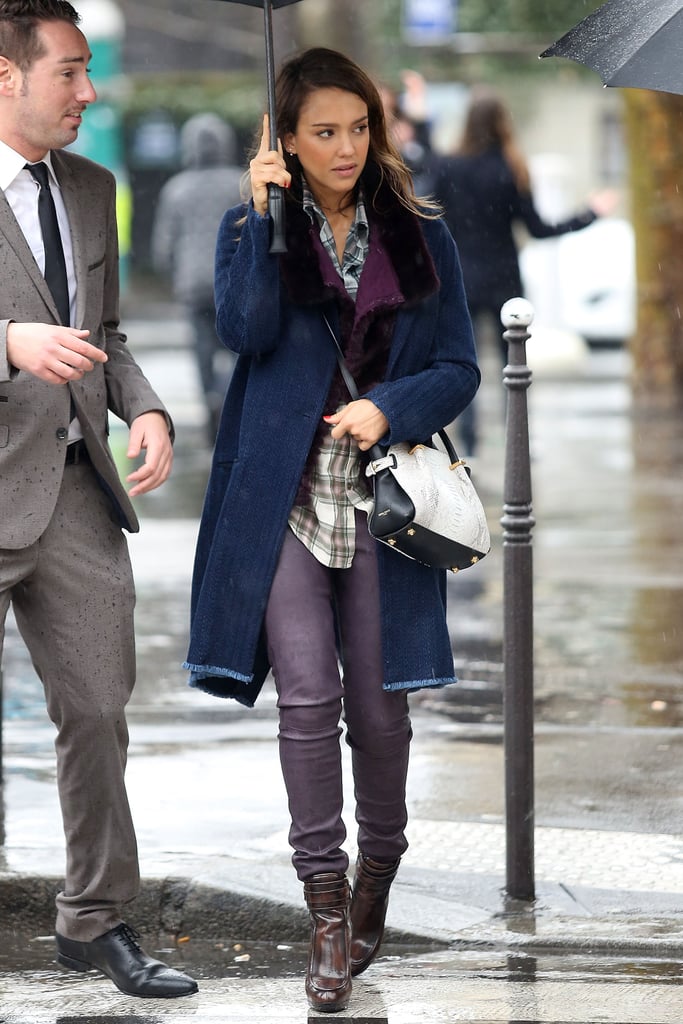 Jessica Alba in Purple Leather Pants and Python Nina Ricci Bag