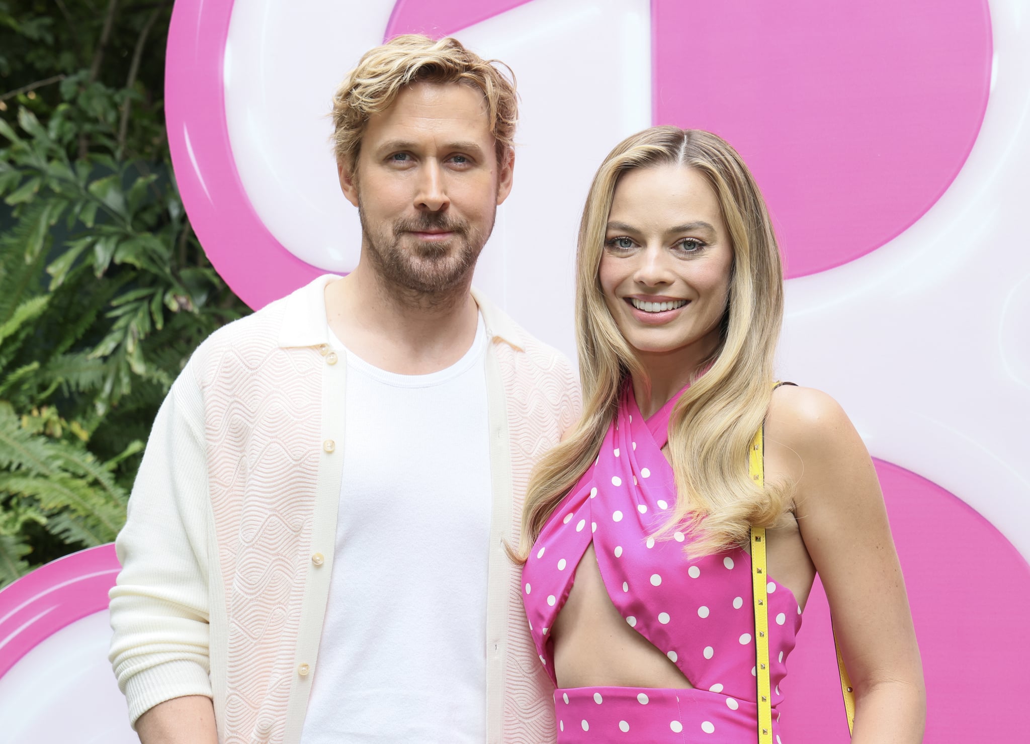 LOS ANGELES, CALIFORNIA - JUNE 25:  (L-R) Ryan Gosling and Margot Robbie attend the press junket and photo call for 