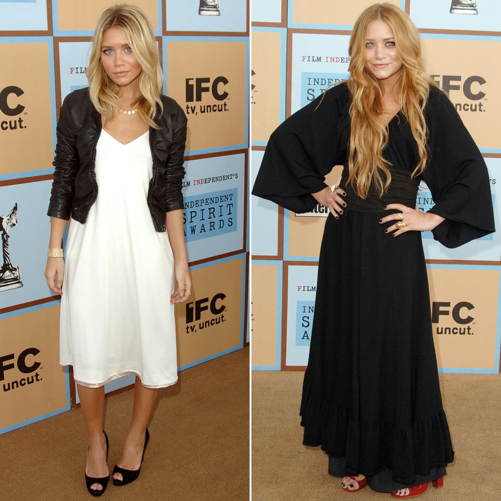 Twinning combo: For the 2006 Independent Spirit Awards, Mary-Kate and Ashley chose easy, breezy silhouettes in staple hues.

Ashley paired her white slip dress with a shrunken leather jacket and black peep-toes.
Mary-Kate donned a draping black gown with full sleeves and red peep-toe pumps.