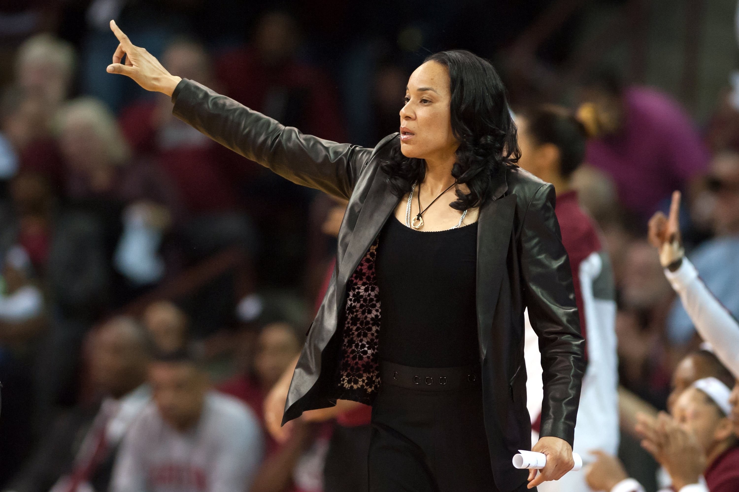 Head coach Dawn Staley of the South Carolina Gamecocks reacts in the