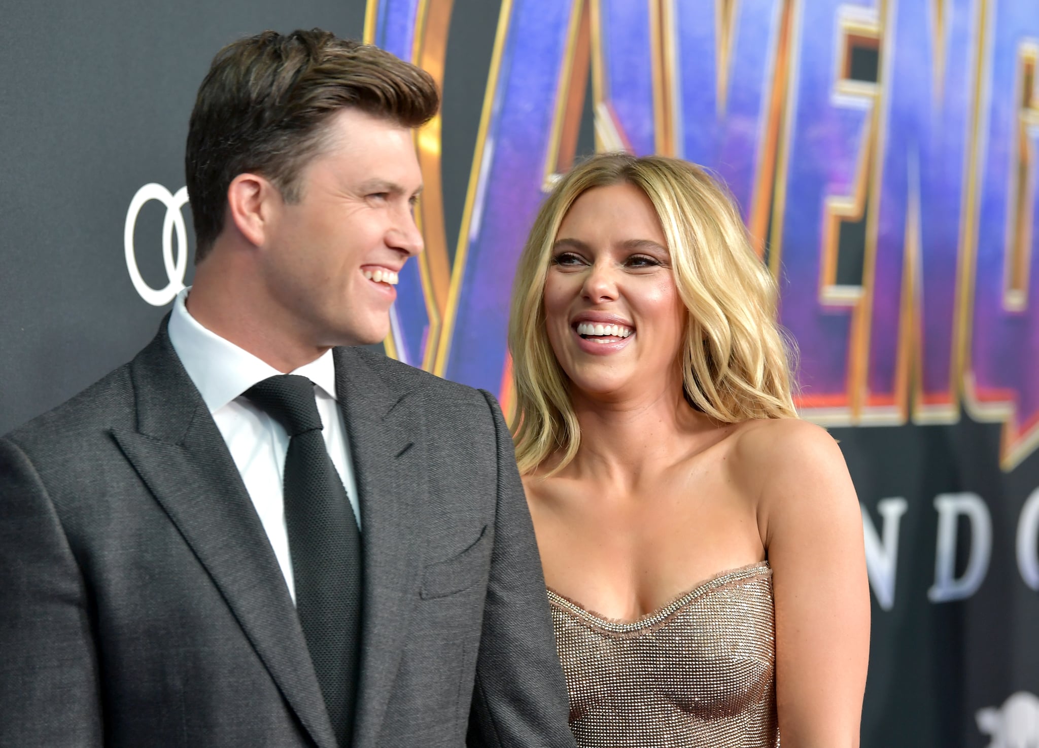 LOS ANGELES, CA - APRIL 22:  Colin Jost and Scarlett Johansson attend the world premiere of Walt Disney Studios Motion Pictures 