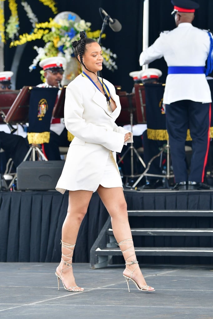 Rihanna Wears a White Dress and Blazer in Barbados