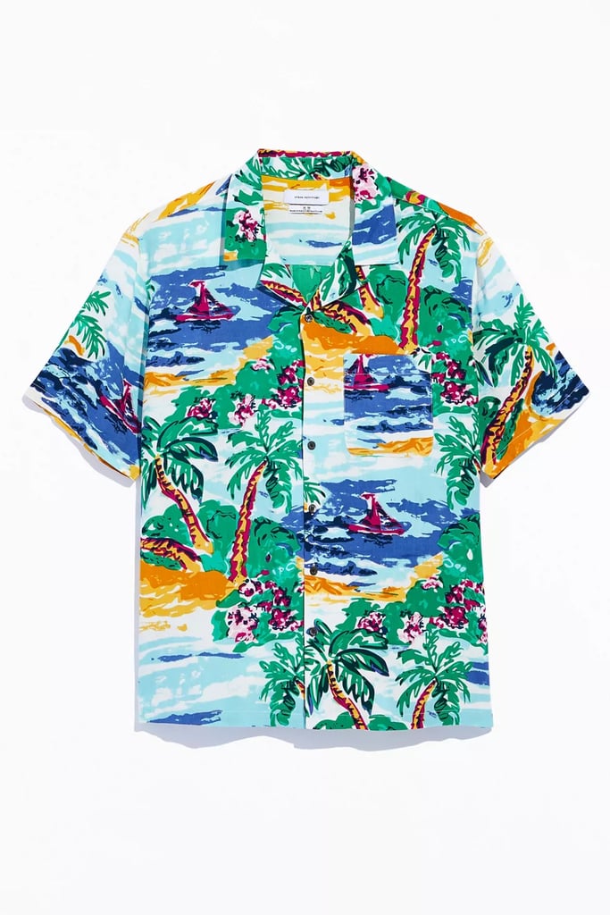 UO Painted Paradise Rayon Short Sleeve Button-Down Shirt