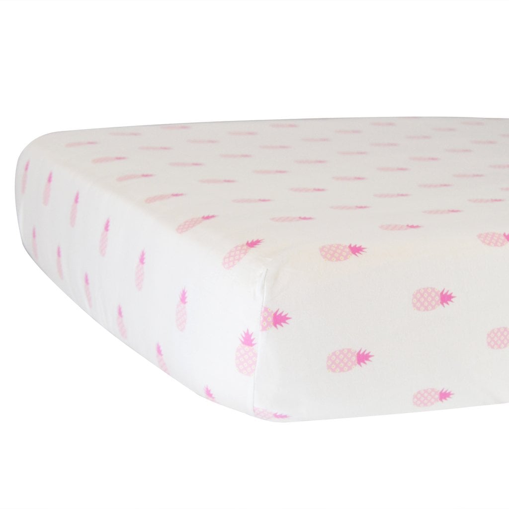 Hello Spud Crib Sheet With Pink Pineapples on White Organic Cotton
