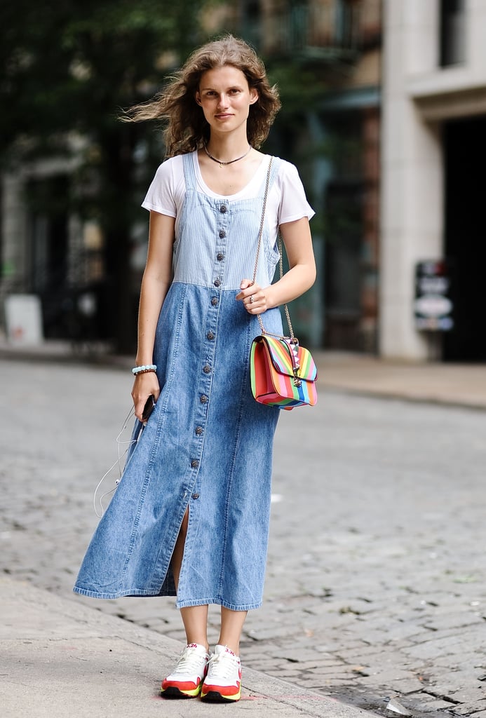 Wearing head-to-toe denim looks extra cool when paired with colourful accessories. Wearing head-to-toe denim looks extra cool when paired with colourful accessories.
