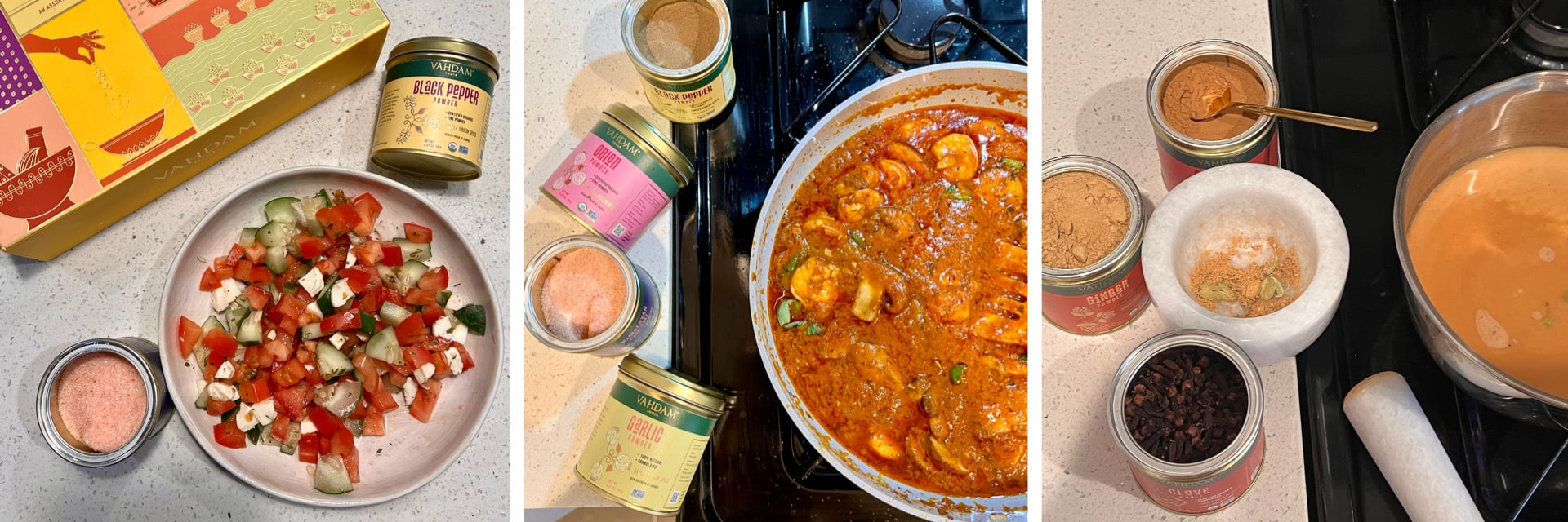 Food cooked using the Vahdam Spice Box, including a salad, pasta sauce, and chai.