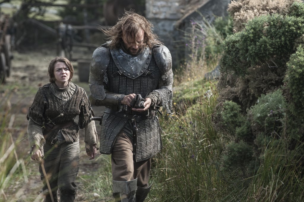 Maisie Williams as Arya Stark and Rory McCann as The Hound.