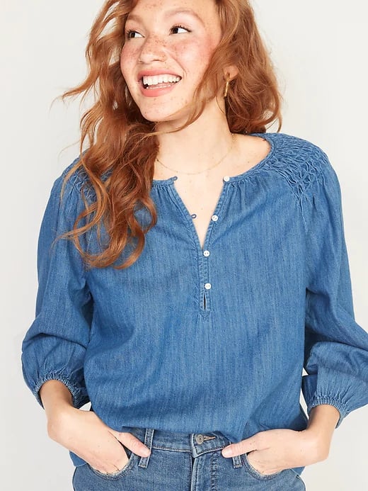 Old Navy Smocked-Yoke Button-Front Jean Blouse