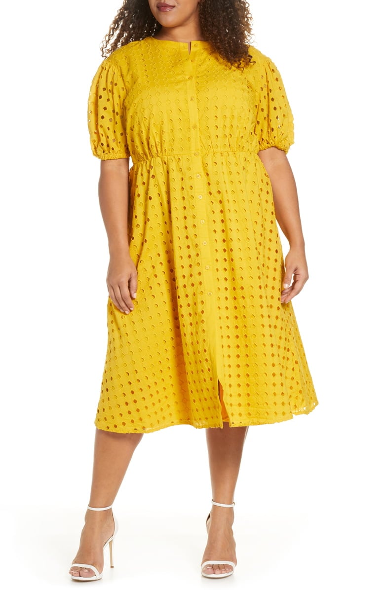 ELOQUII Puff-Sleeve Eyelet Midi Dress