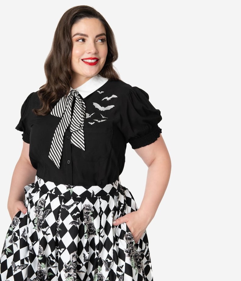 Hell Bunny Plus-Size 1950s Style Black and White Stripe Bow Tie Trixie Blouse