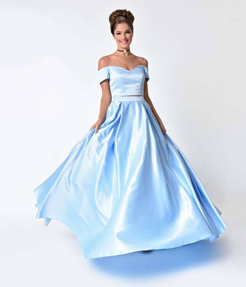 Perry Blue Off The Shoulder Two Piece Satin Prom Gown