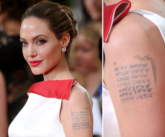 Angelina Jolie covered her Billy Bob Thornton tattoo with the coordinates of her children and husband Brad Pitt's birth places.