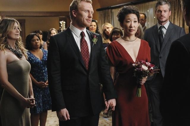 Only Cristina could pull off a red dress on her wedding day!