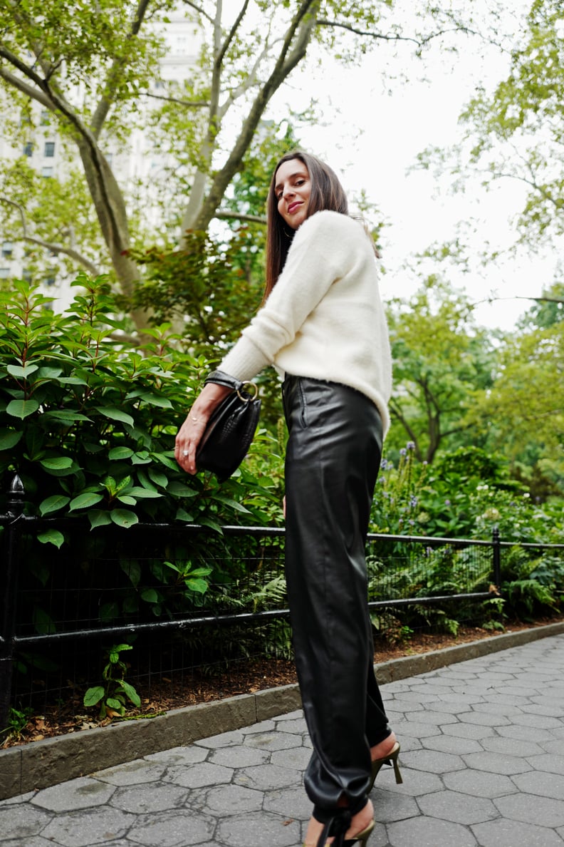 Easy Outfits: A Fuzzy Sweater, Faux-Leather Pants, Mules, and a Croc Bag