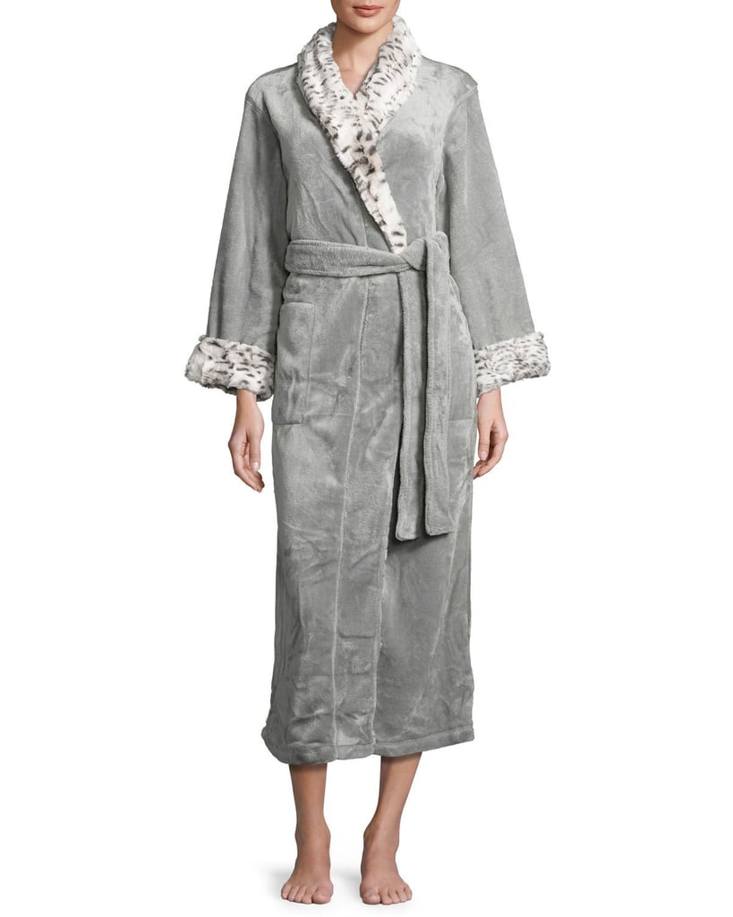 Natori Long Robe With Animal-Print Trim