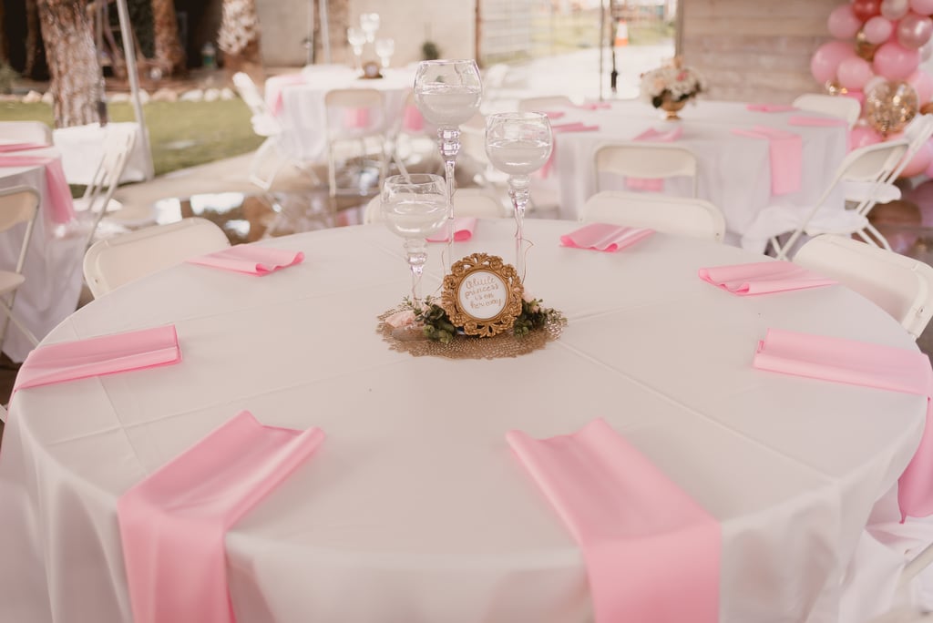 pink white and gold decorations for baby shower