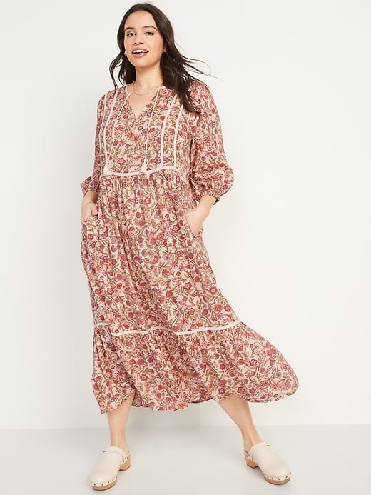 Old Navy Floral-Print 3/4-Sleeve Tie-Neck Maxi Swing Dress