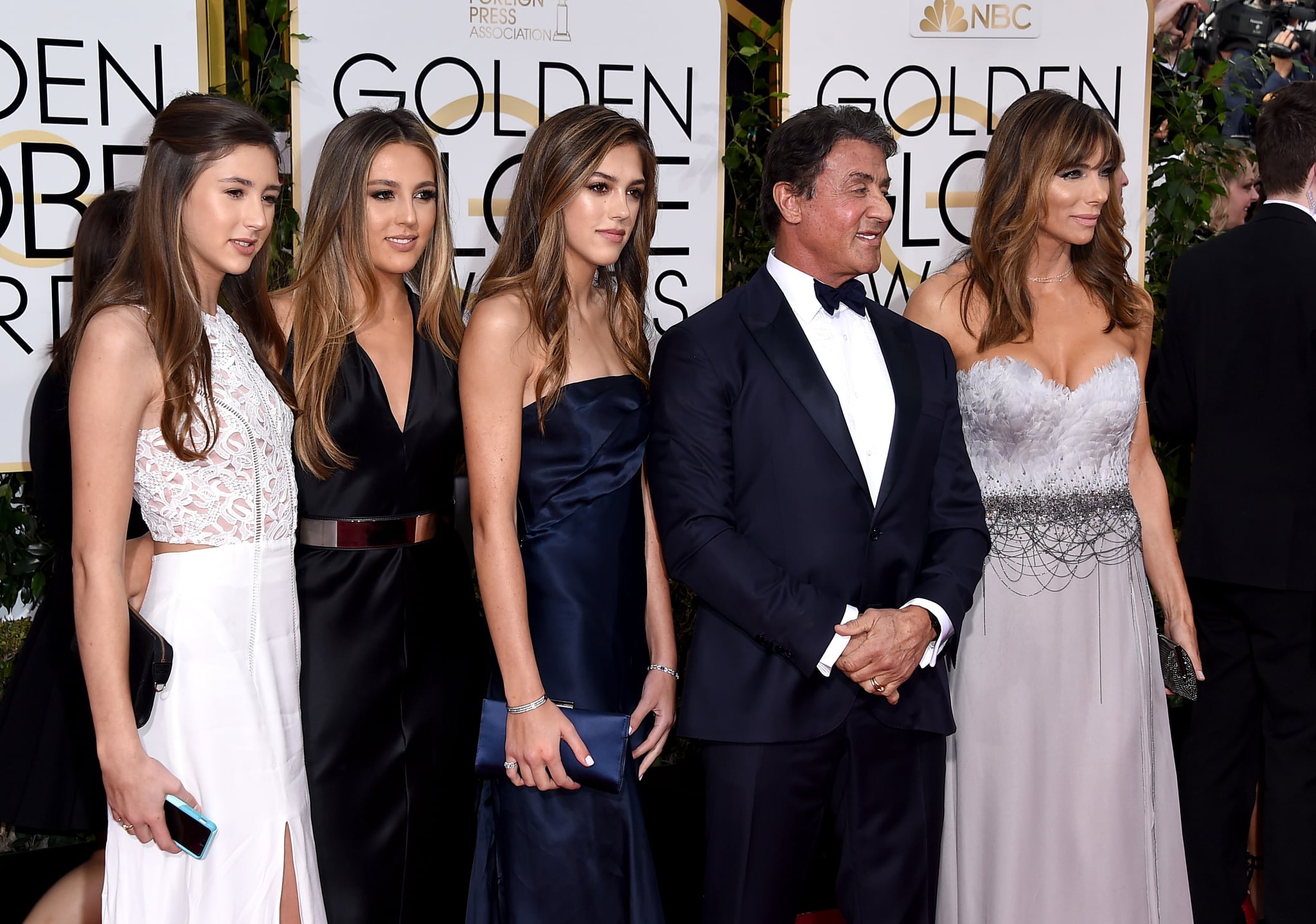 BEVERLY HILLS, CA - JANUARY 10:  Actor Sylvester Stallone (C), daughters Sistene, Sophia and Scarlett, and wife Jennifer Flavin (2nd from R) attend the 73rd Annual Golden Globe Awards held at the Beverly Hilton Hotel on January 10, 2016 in Beverly Hills, California.  (Photo by Steve Granitz/WireImage)