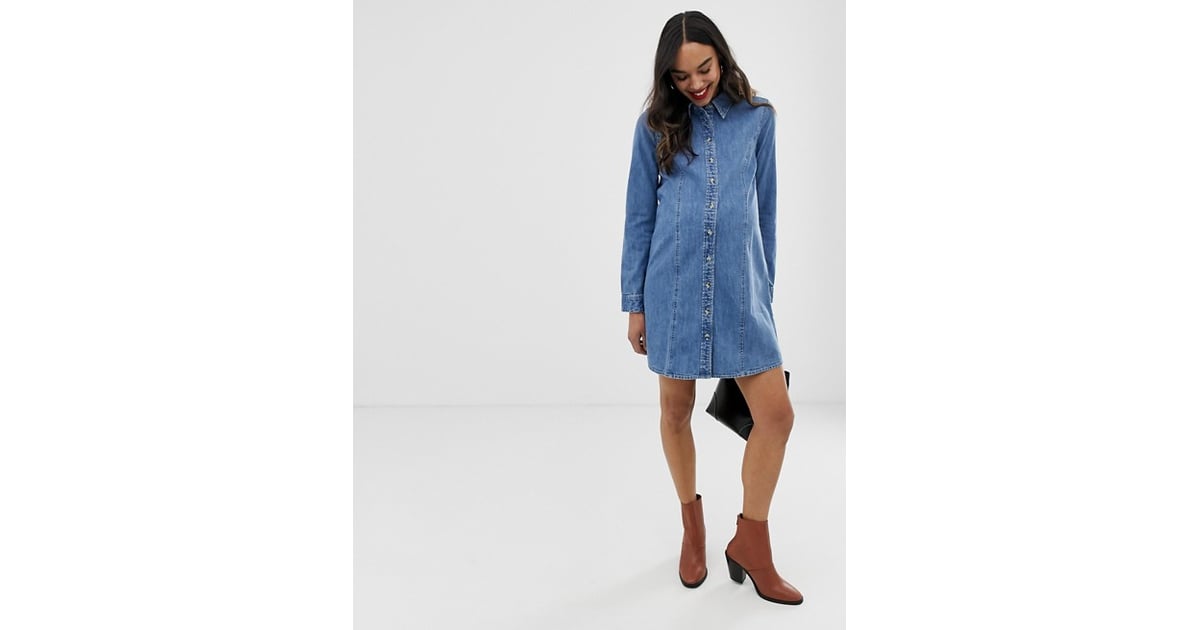 Asos Design Maternity Denim Fitted Western Shirt Dress In Midwash