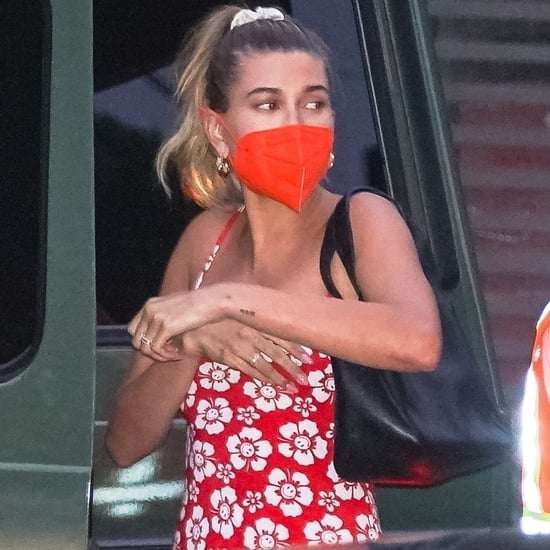 Hailey Bieber Wearing Red Floral Slip Dress and New Balances