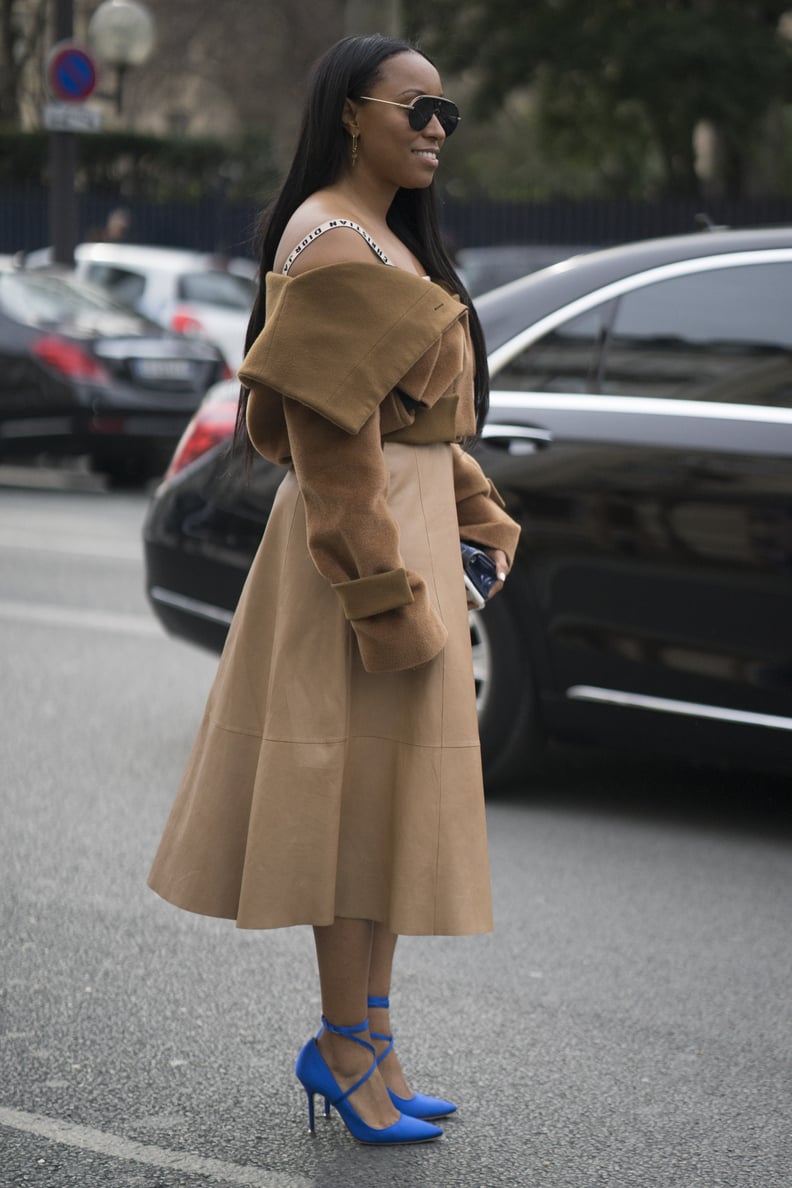Pair a Camel Skirt With a Camel Jacket, but Wear Bright Blue Pumps