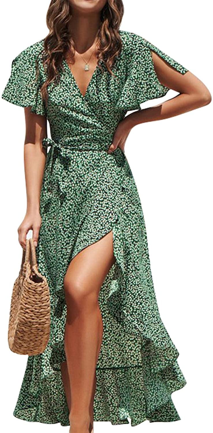 BerryGo Boho V Neck Ruffle Floral Wrap Dress