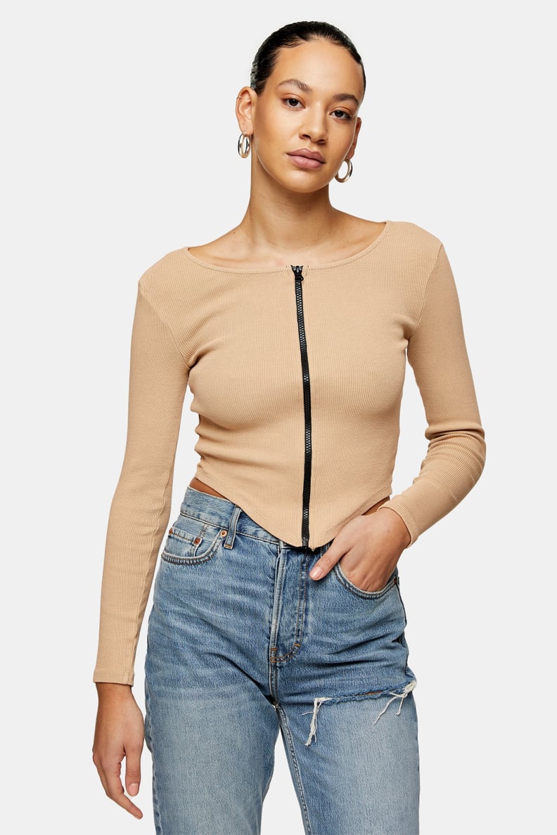 Sand Ribbed Zipped Cardigan